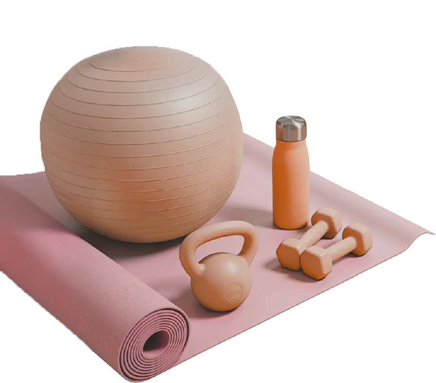 Ballon de gym, tapis, kettlebell, haltères et gourde